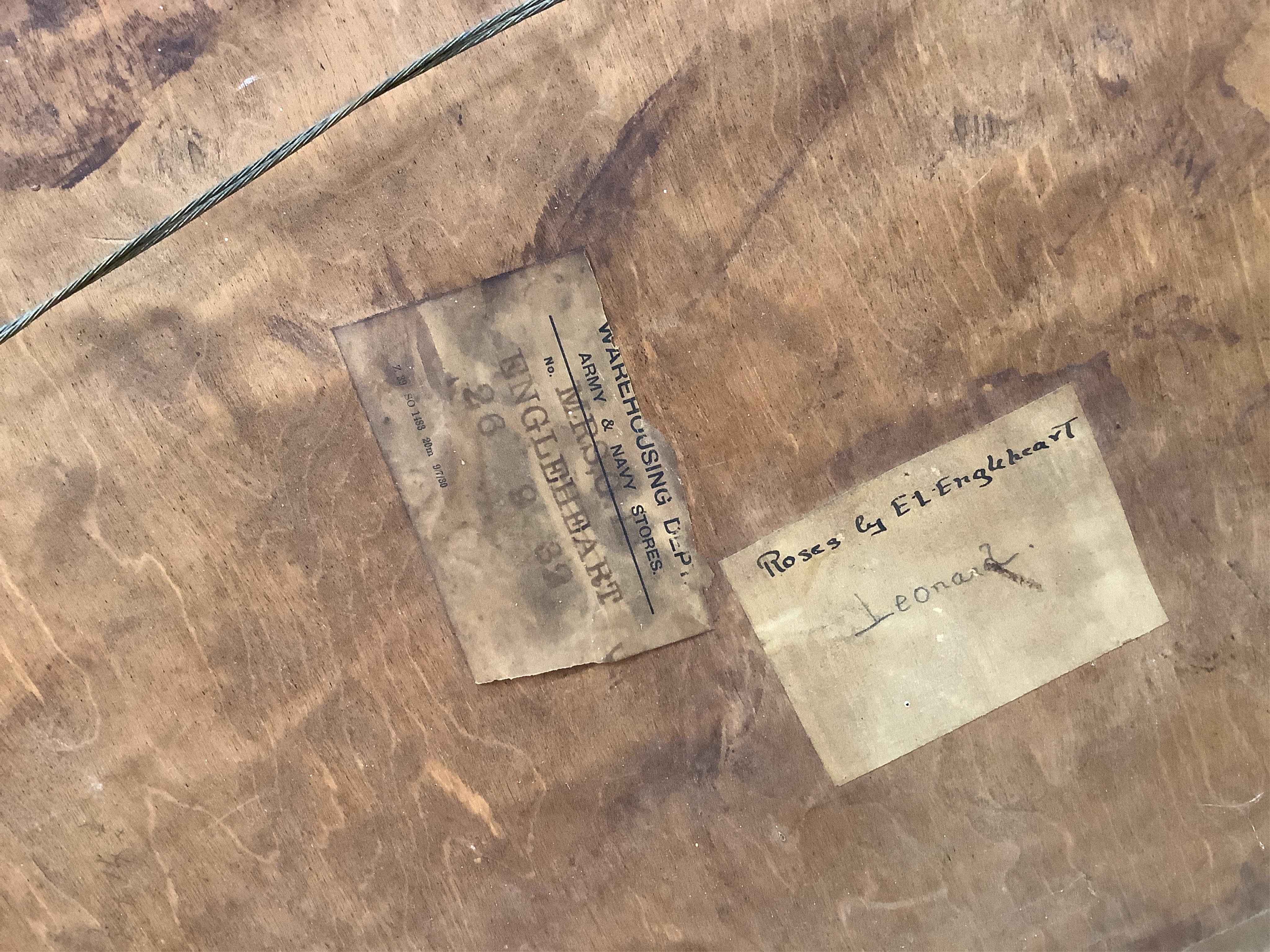 Evelyn Engleheart, Still life of flowers, signed, partial Army & Navy stores label verso, watercolour, 36 x 52cm